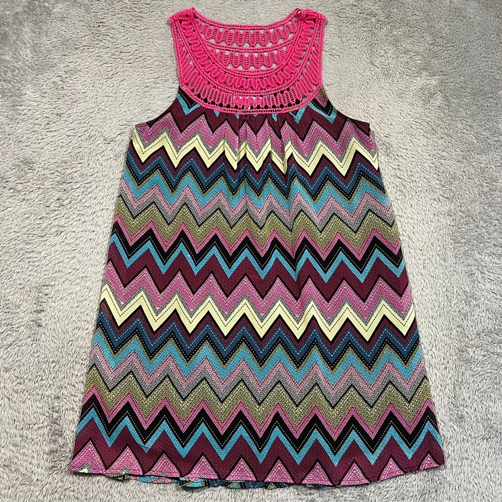 Umgee Womens M Chevron Mini Dress Crochet Lace Neckline Multi Boho